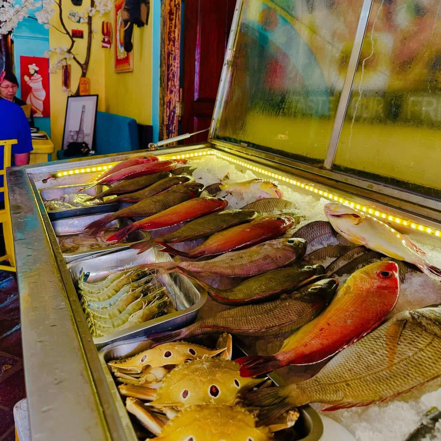 Take your pick from the selection of freshly caught seafood on ice