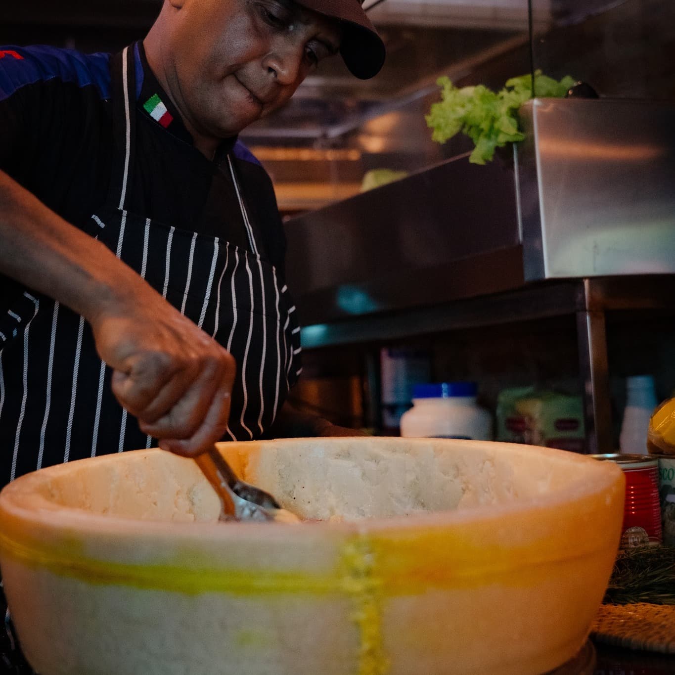 Pasta served straight from the parmgigiano wheel
