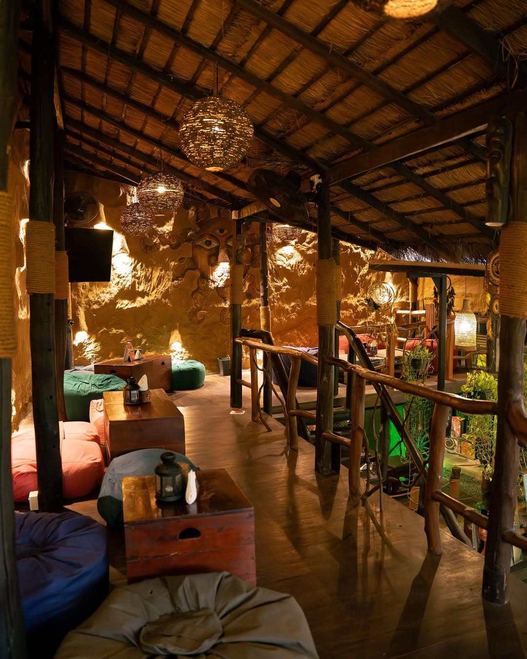Low seating and sun murals on the second floor at Unwind