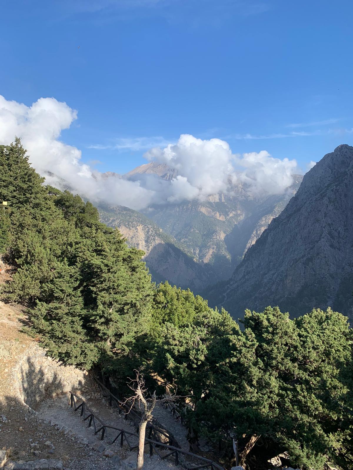 view of Samaria gorge hiking trail in the clouds