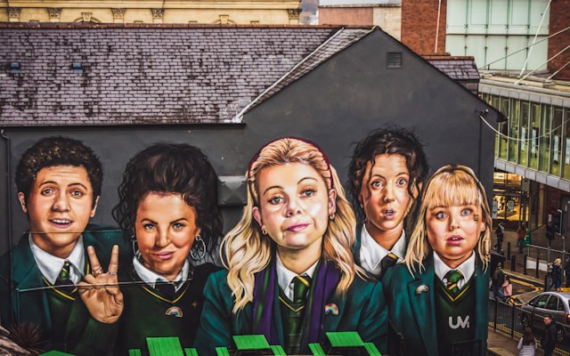 derry girls mural on the side of badgers bar in londonderry northern ireland