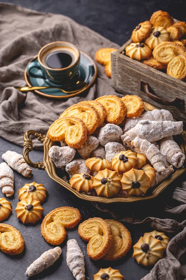 a basket containing traditional pastries in moldova on a table with a cup of black coffee