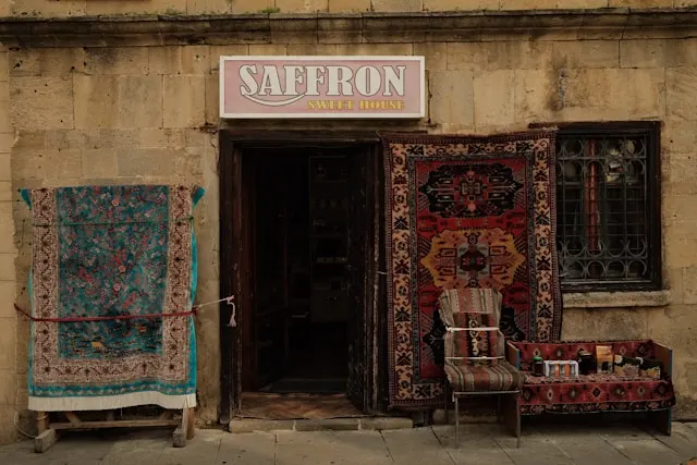azeri carpets outside a shop in quba azerbaijan