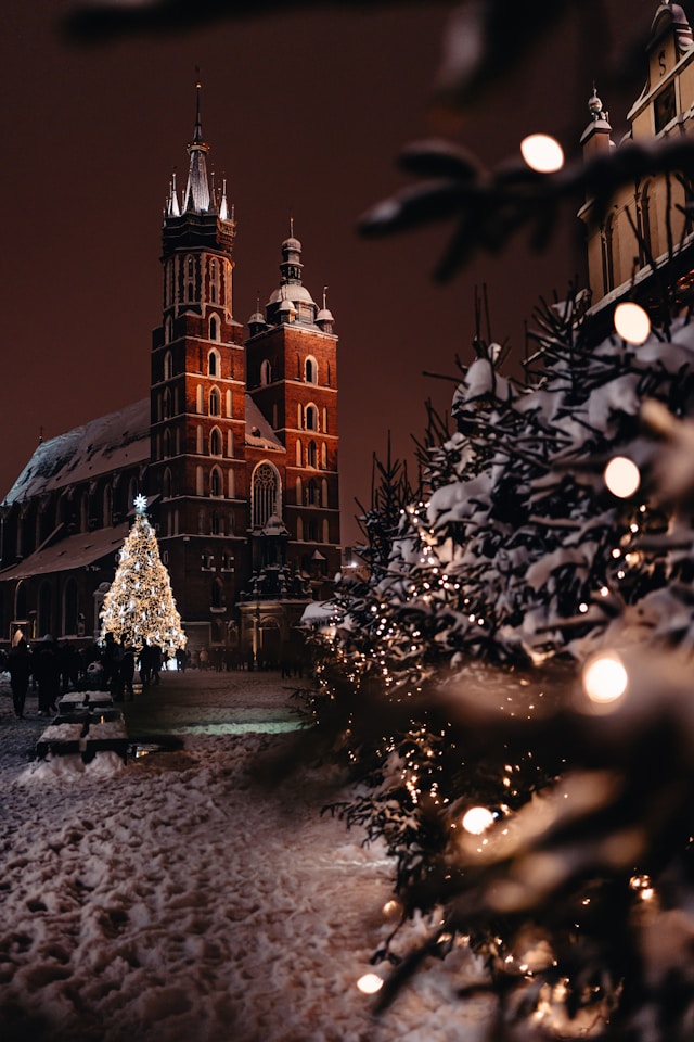 christmas trees and lights in front of a church in the old town of krakow poland