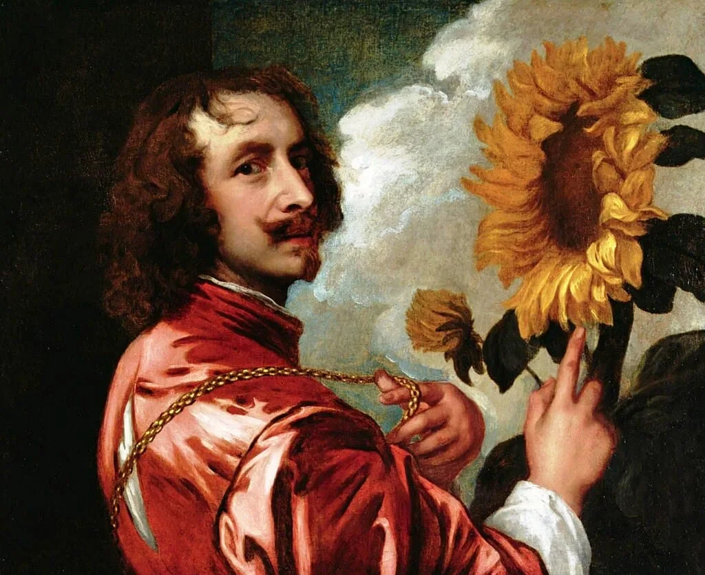 a self portrait of sir anthony van dyck a flemish belgian artist born in antwerp belgium with a sunflower