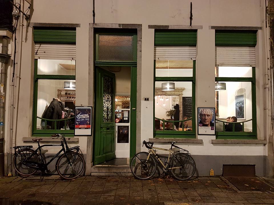 a restaurant frontage with bicycles outside at het lastig portret one of the best restaurants in antwerp belgium