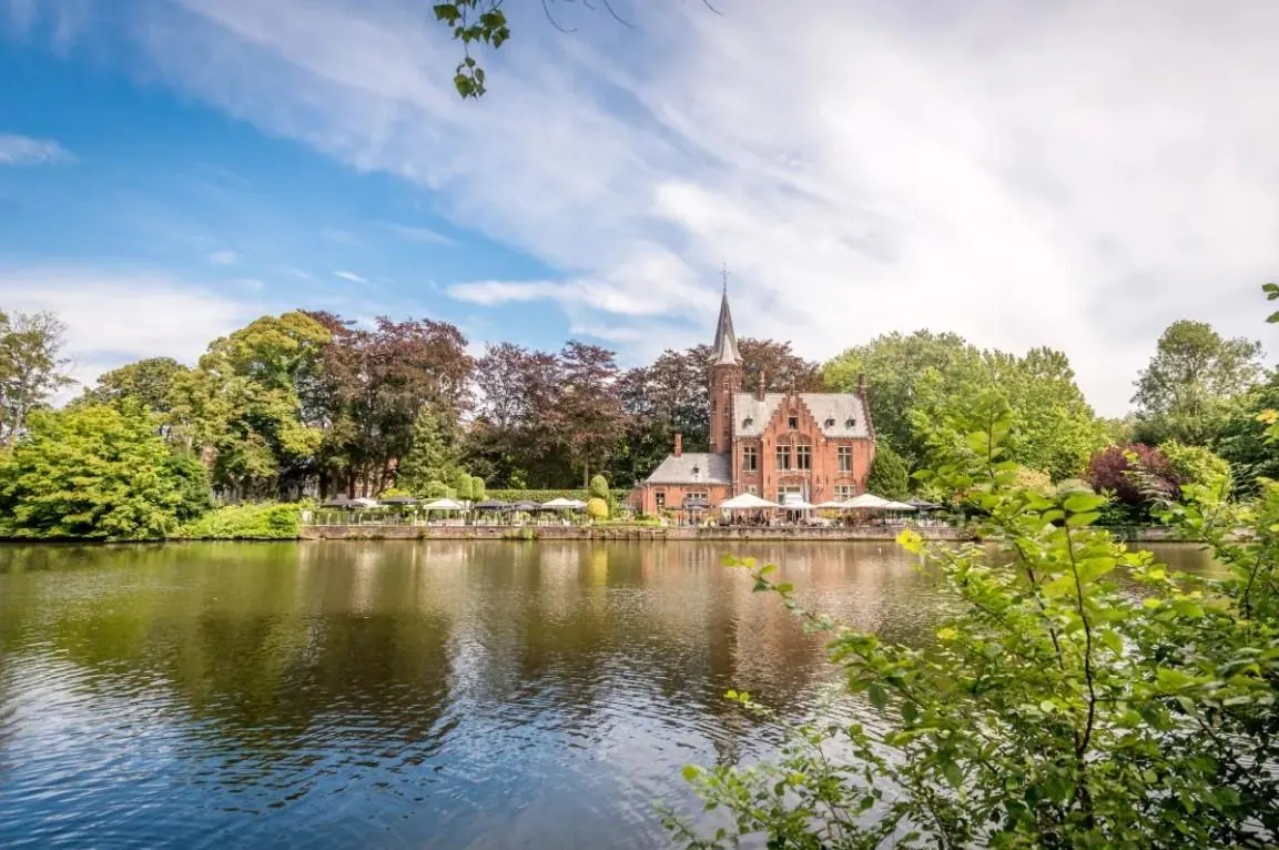 A park by a lake with a building on one shore