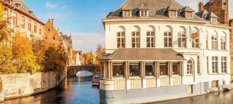 Old buildings and a tree by a canal in Bruges