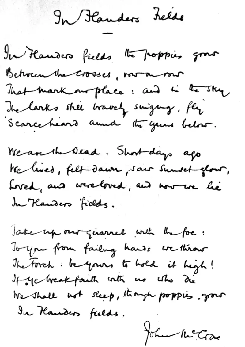 a signed copy of In Flanders Fields a wartime poem by John McCrae written in ypres belgium in 1915