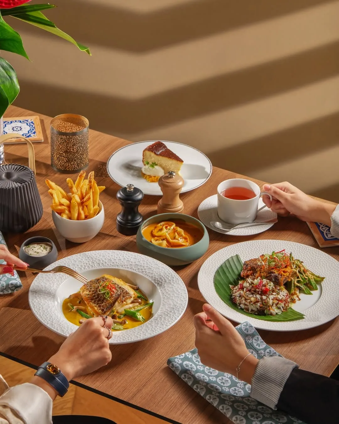 Grilled fish, basque cheesecake, tea