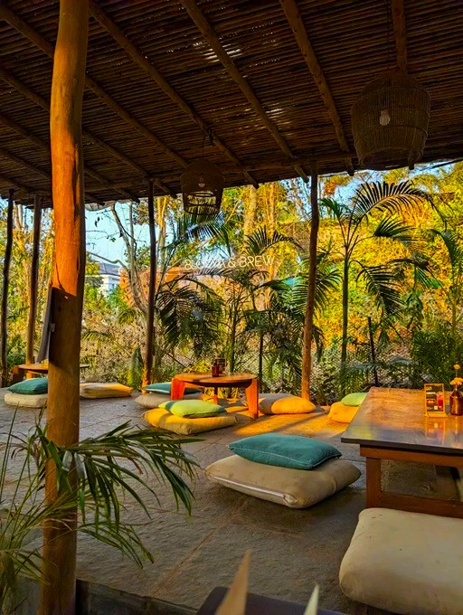 Floor seating at a cafe in Goa 