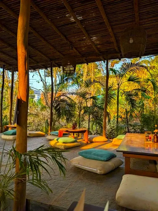 Floor seating at a cafe in Goa