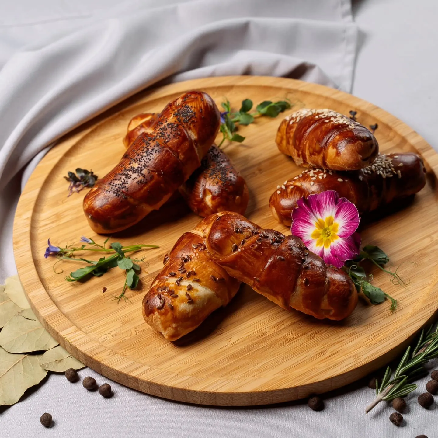 russian pies on a wooden serving board at old traditions restaurant in riga latvia