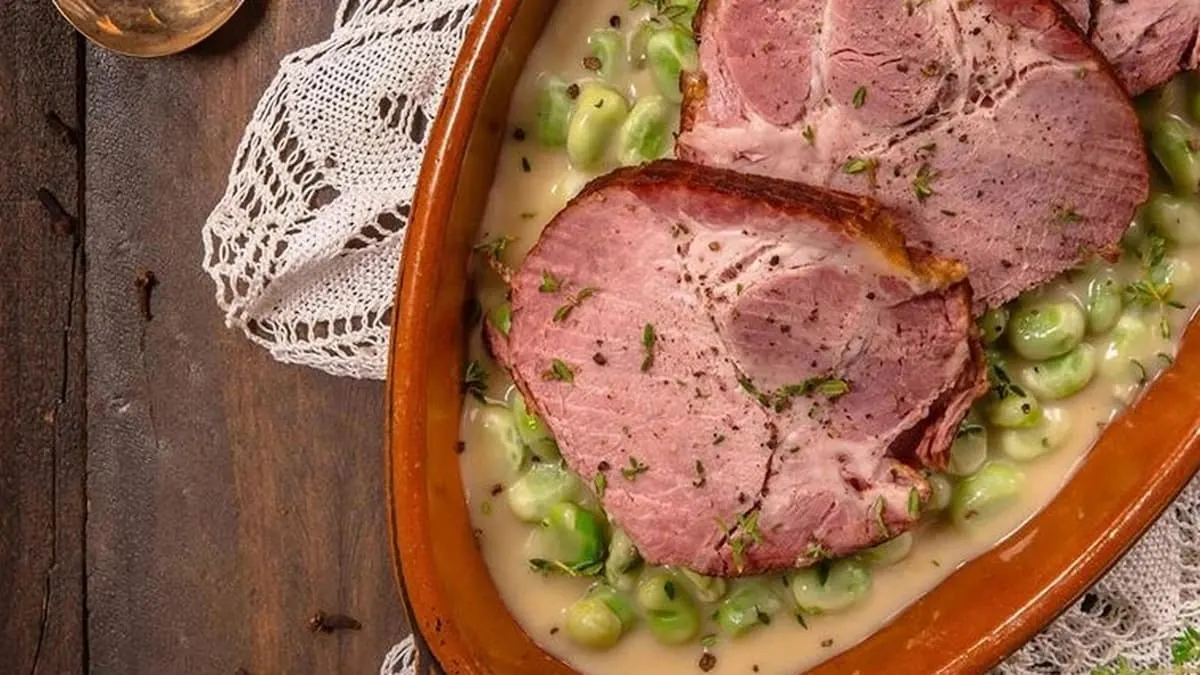judd mat gaardebounen in a luxembourg traditional food of smoked pork shoulder with broad beans