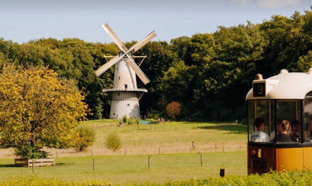 A windmill behind a green field next to a forest