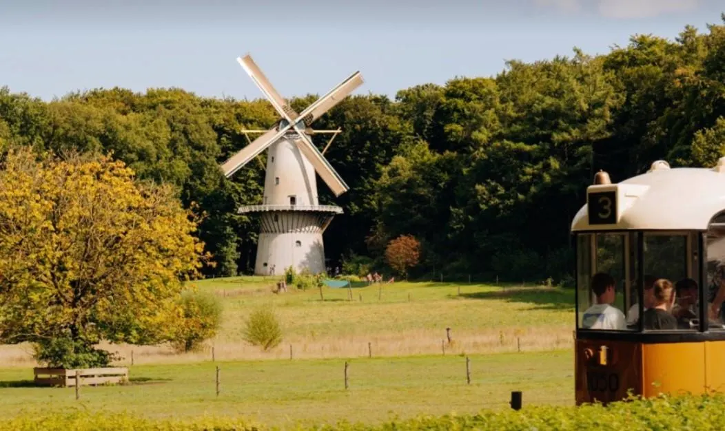 A windmill behind a green field next to a forest