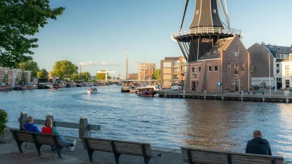 A windmill behind a river