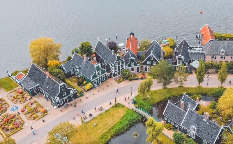 A quaint Dutch street by water seen from above