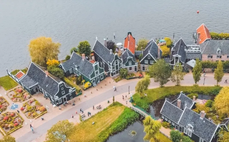 A quaint Dutch street by water seen from above