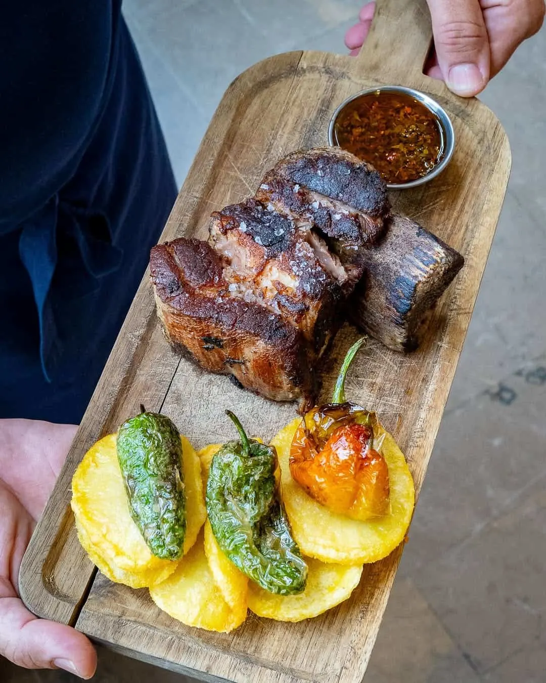 Meat, potatoes, and peppers tapas