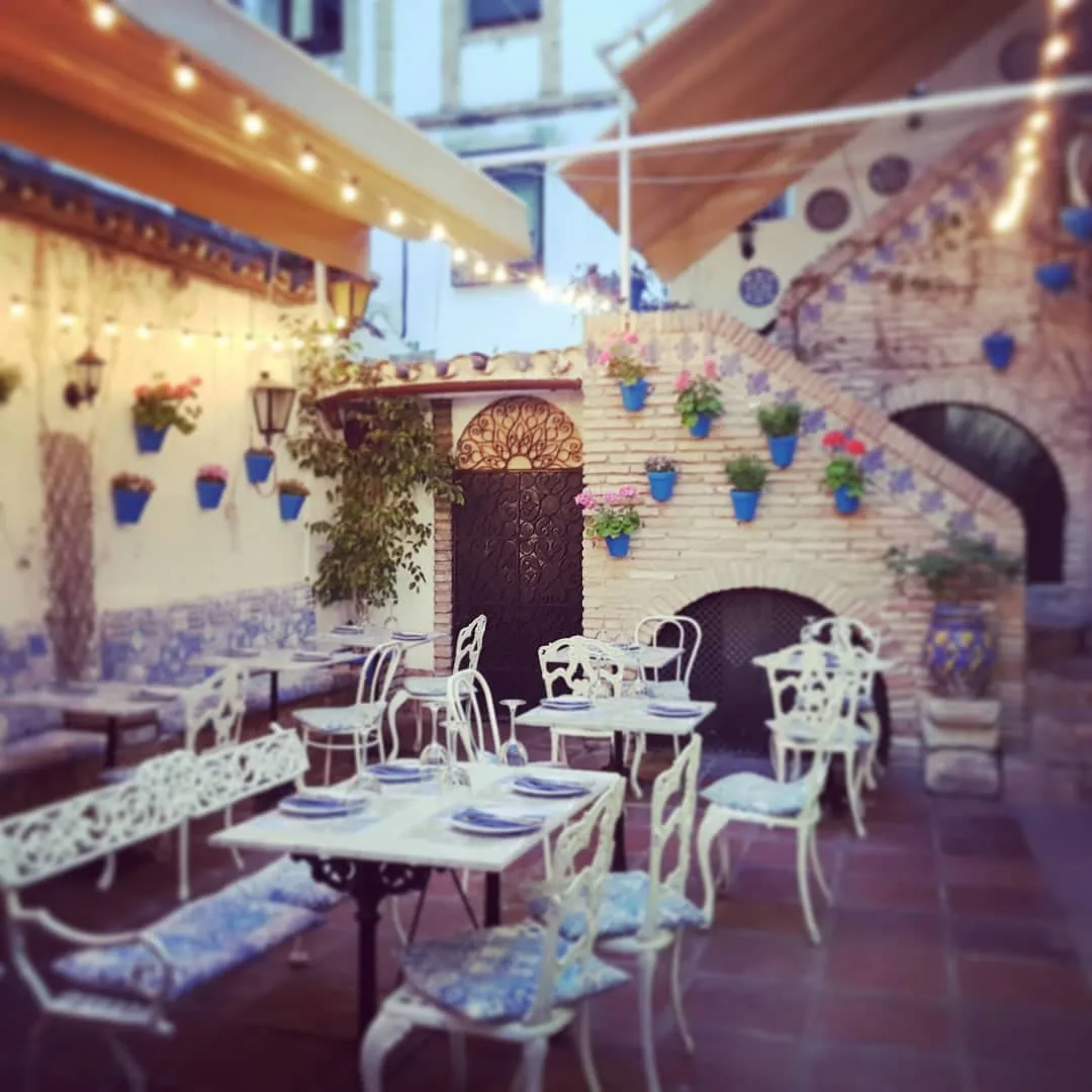 The outside area is decorated with bklue planters