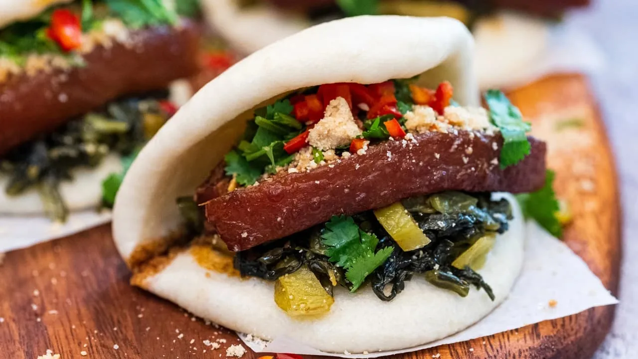 A classic Taiwanese gua bao with pork belly and pickled veg