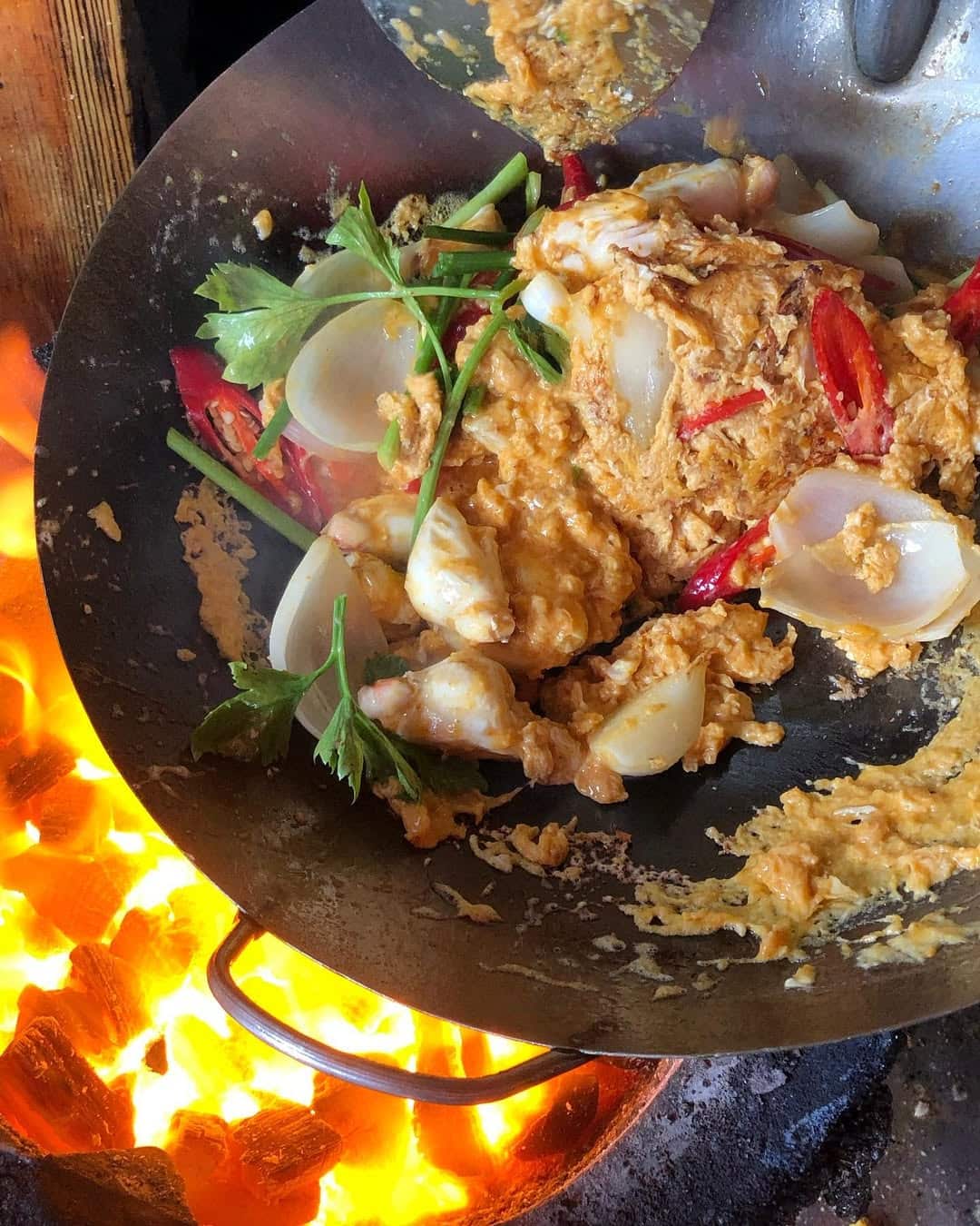 A mixture of ingredients in the wok from Jay Fai