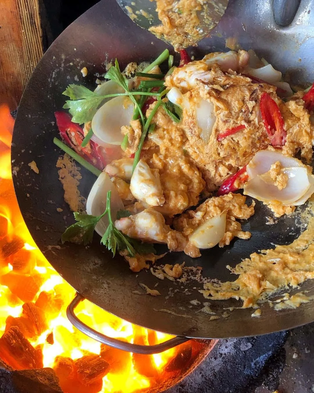 A mixture of ingredients in the wok from Jay Fai