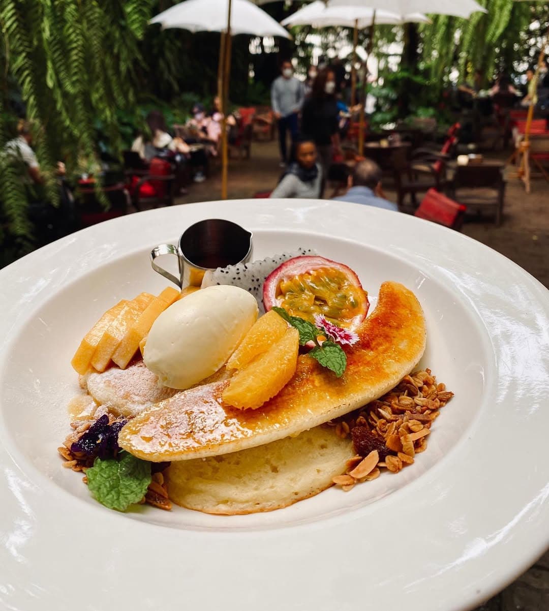 Pancakes with tropical fruits at one of the best cafes in Chiang Mai