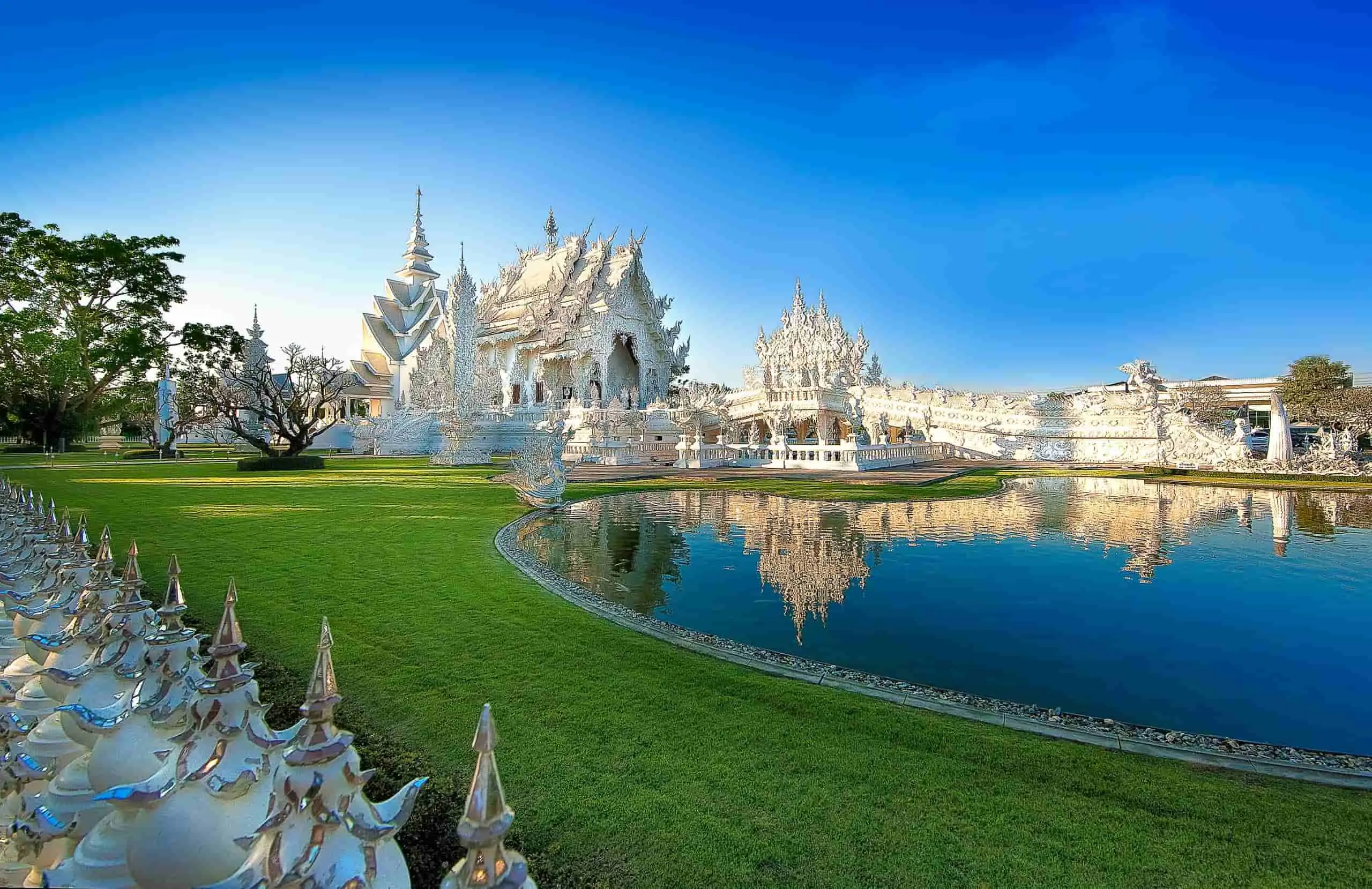 The outside of the white Wat Rong Khun temple in Chiang Rai