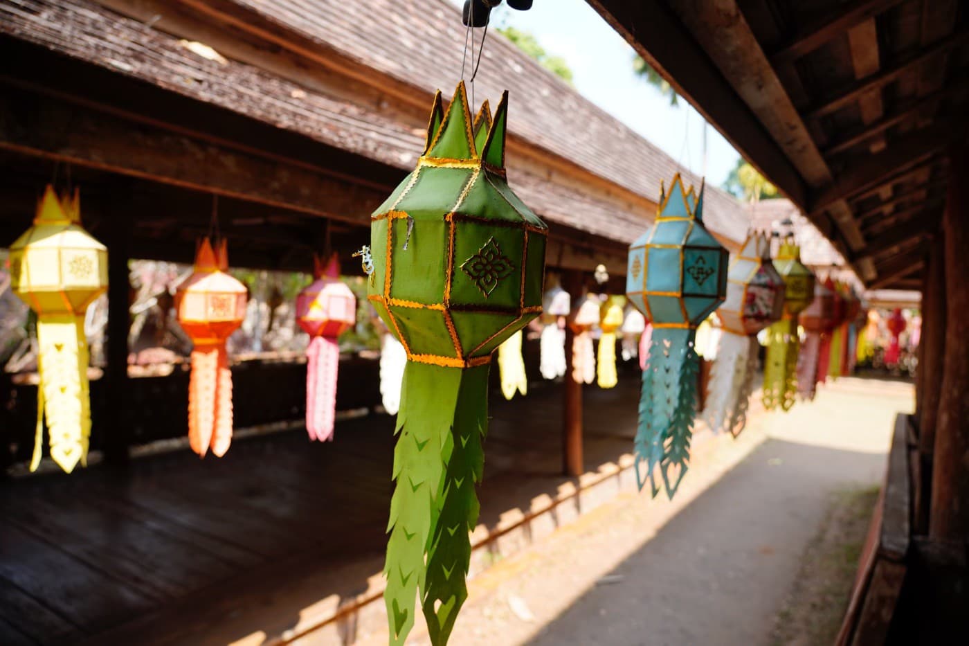 Traditional Thai temple lanterns floating at Wat Phra That Doi Phra Chan temple