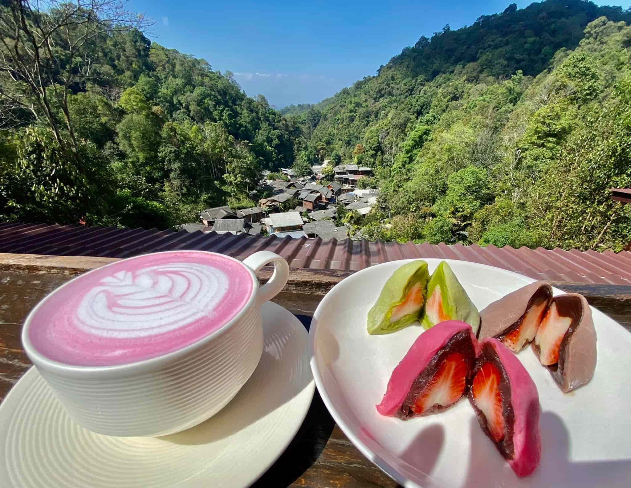 Chocolate covered strawberries and hot pink coffee drinks