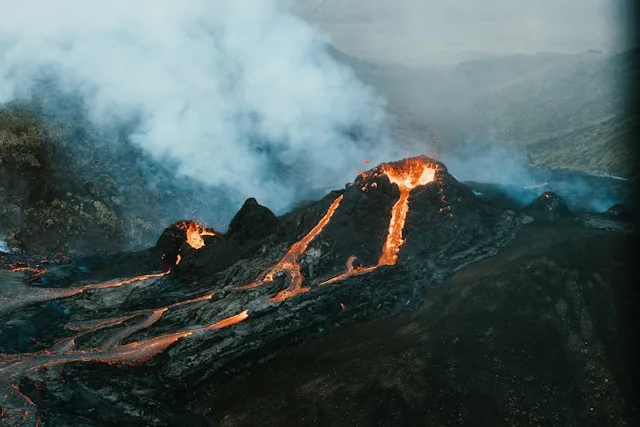 molten lava and ash flows from Eyjafjallajökull volcano in iceland
