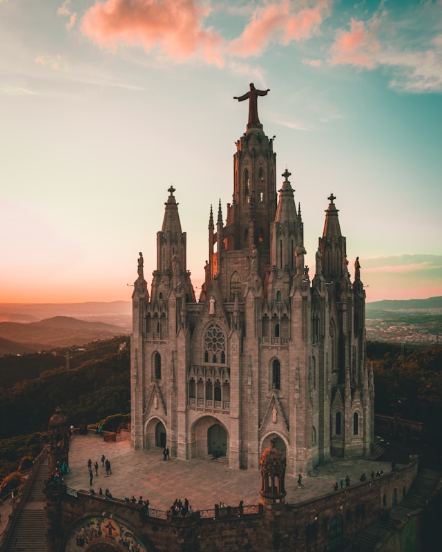 the sagrada familia at sunset in barcelona spain