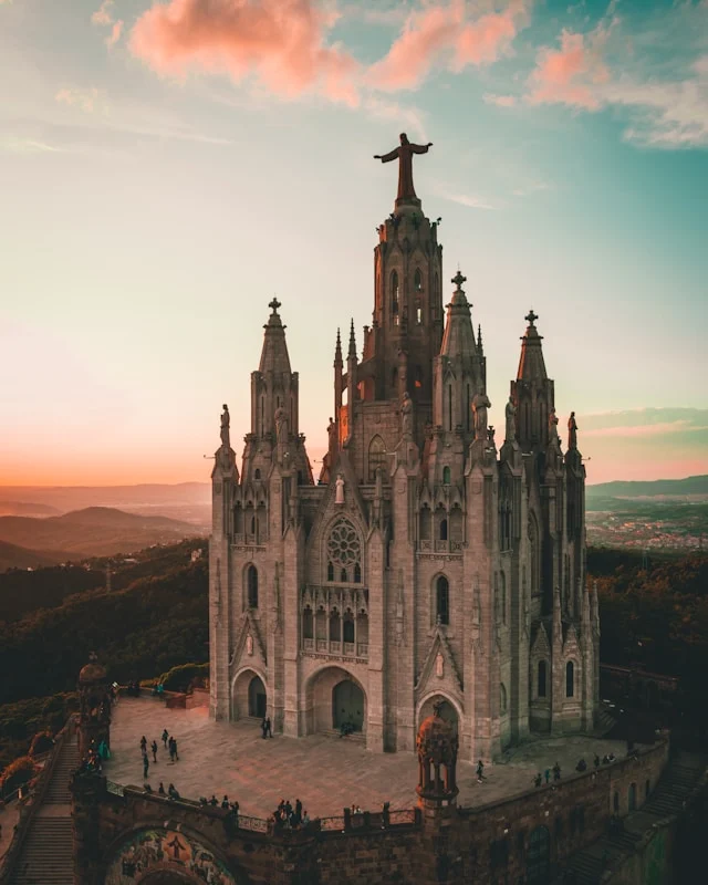 the sagrada familia at sunset in barcelona spain