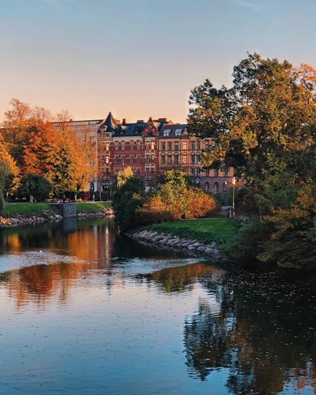 trees cover buildings on rorsjokanalen in malmo sweden