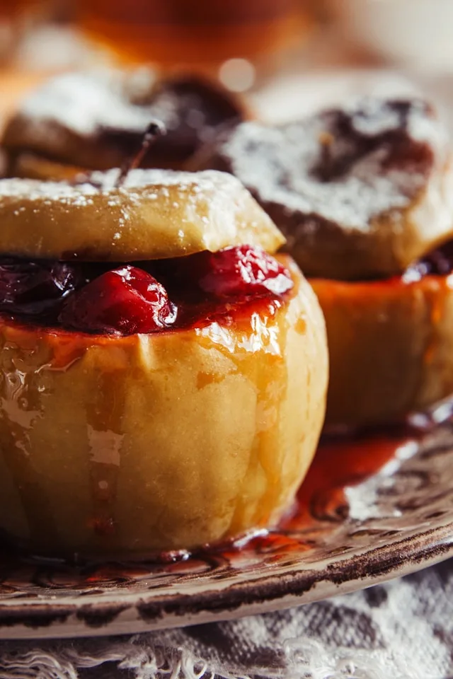 a baked apple with the core and center hollowed out and filled with a fruity mixture