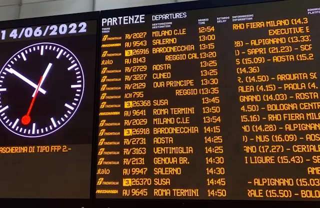 a train departure board at a railway station in italy