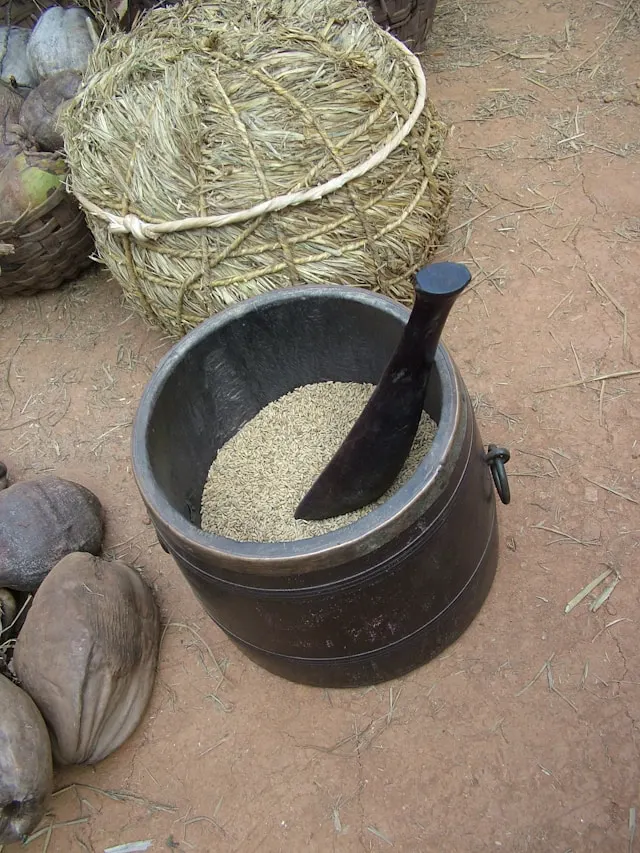 a large black pestle and mortar being used for grinding barley