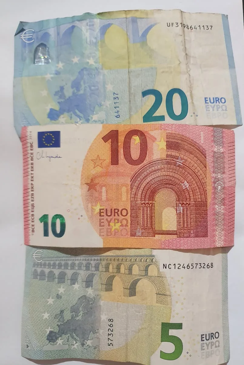 euro banknotes in twenty, ten and five denominations