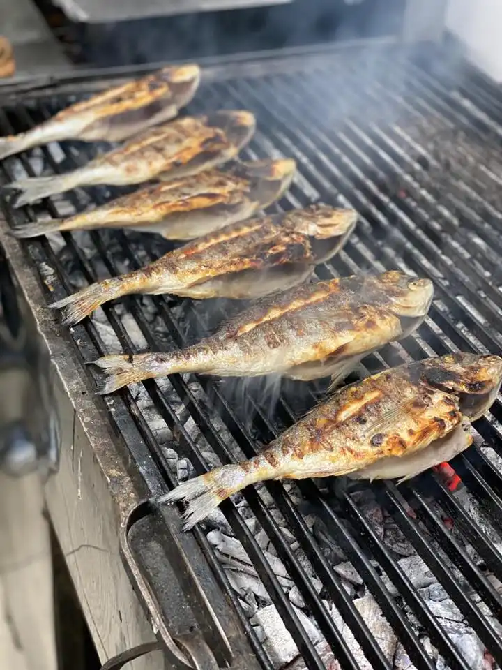 whole fish being grilled on a barbeque in albania