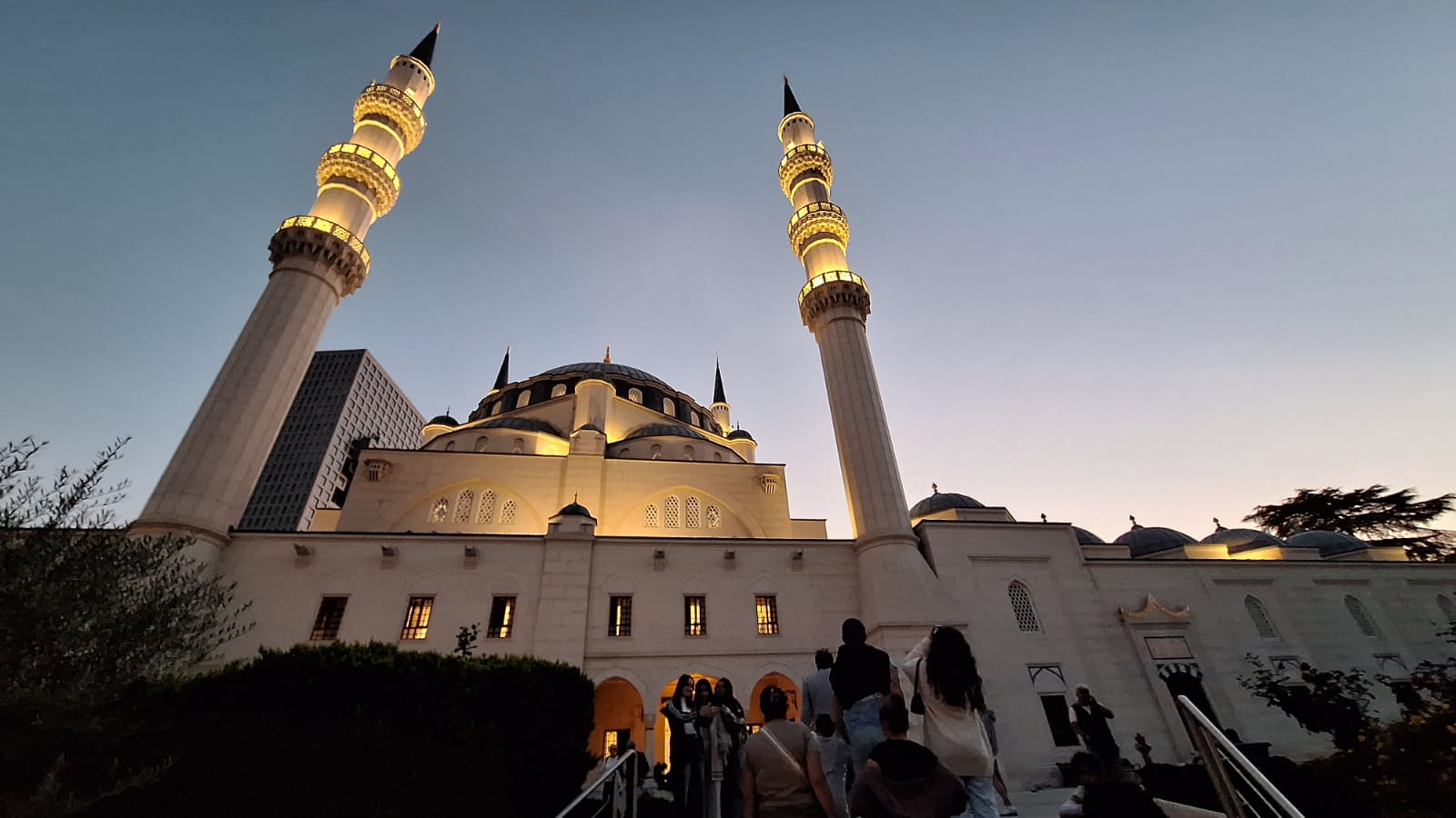 the minarets of Namazgah Mosque tirana albania illuminated after dark