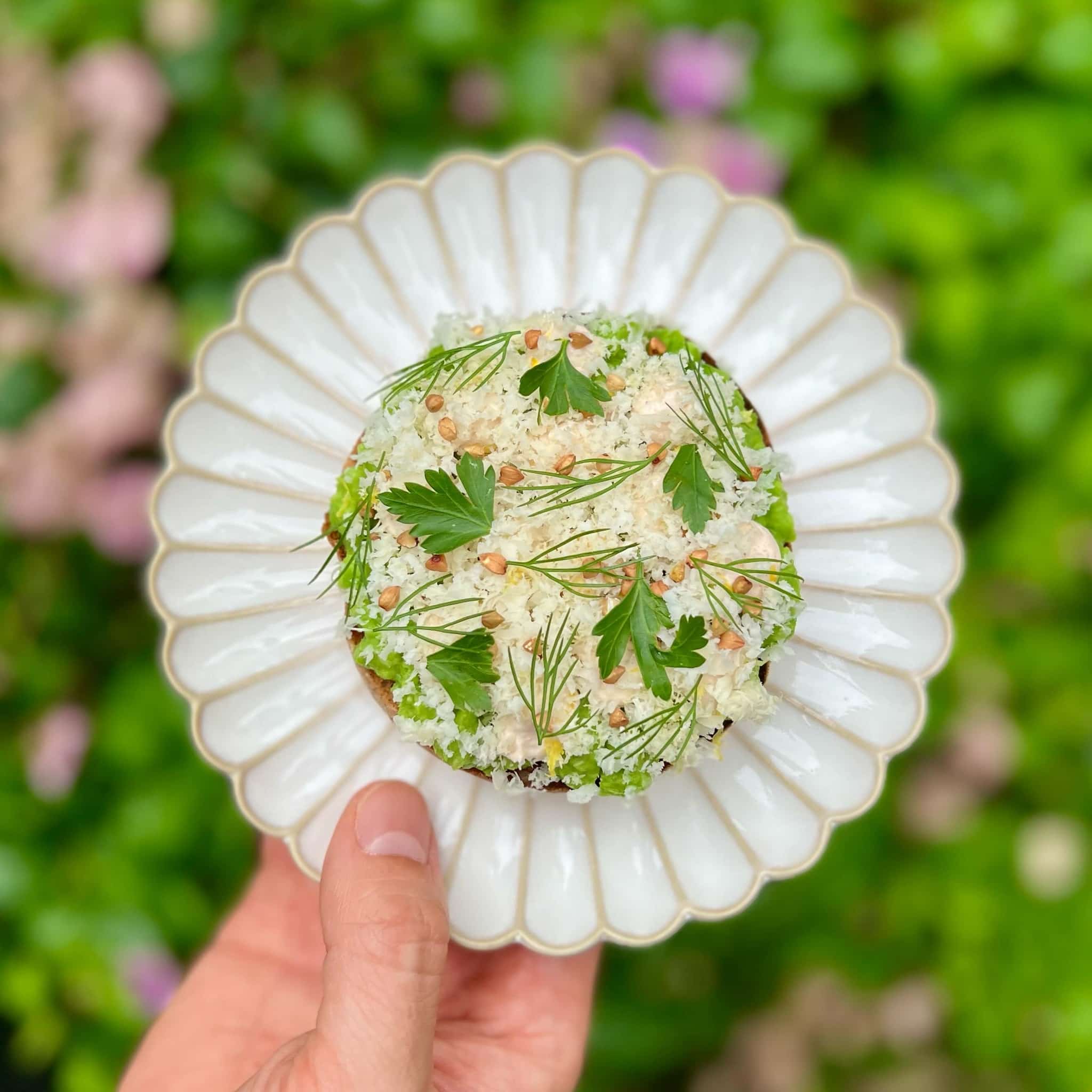 mentaiko, peas, and horseradish English muffin
