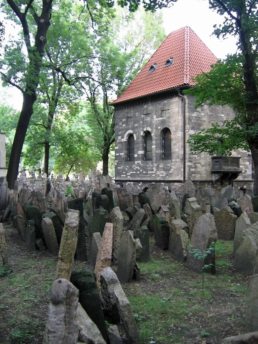 gravestones and a chapel in the jewish cemetery in prague old town czech republic
