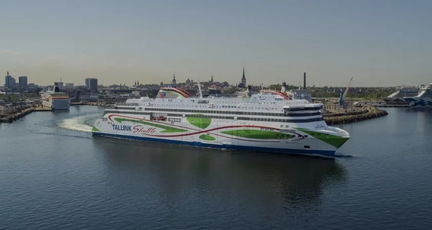 A Tallink ship outside of Tallinn on the sea