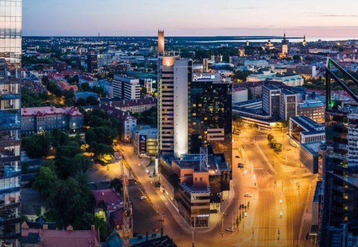 Skyscrapers and central city streets of Tallinn seen from above