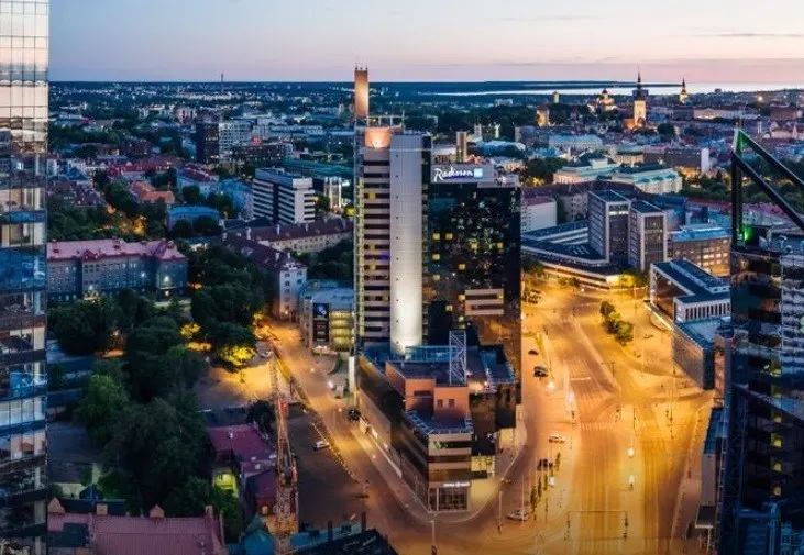 Skyscrapers and central city streets of Tallinn seen from above