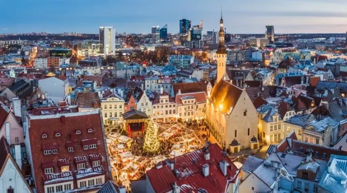 Tallinn city centre seen lit up on a winter evening