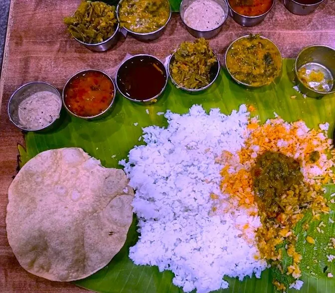 Traditional meal on a banana leaf in Bangalore, India