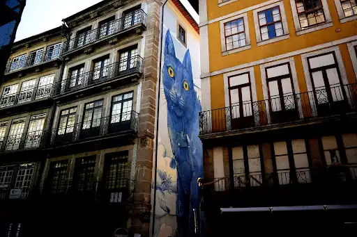street art in porto portugal depicting a blue cat on the wall of an apartment block
